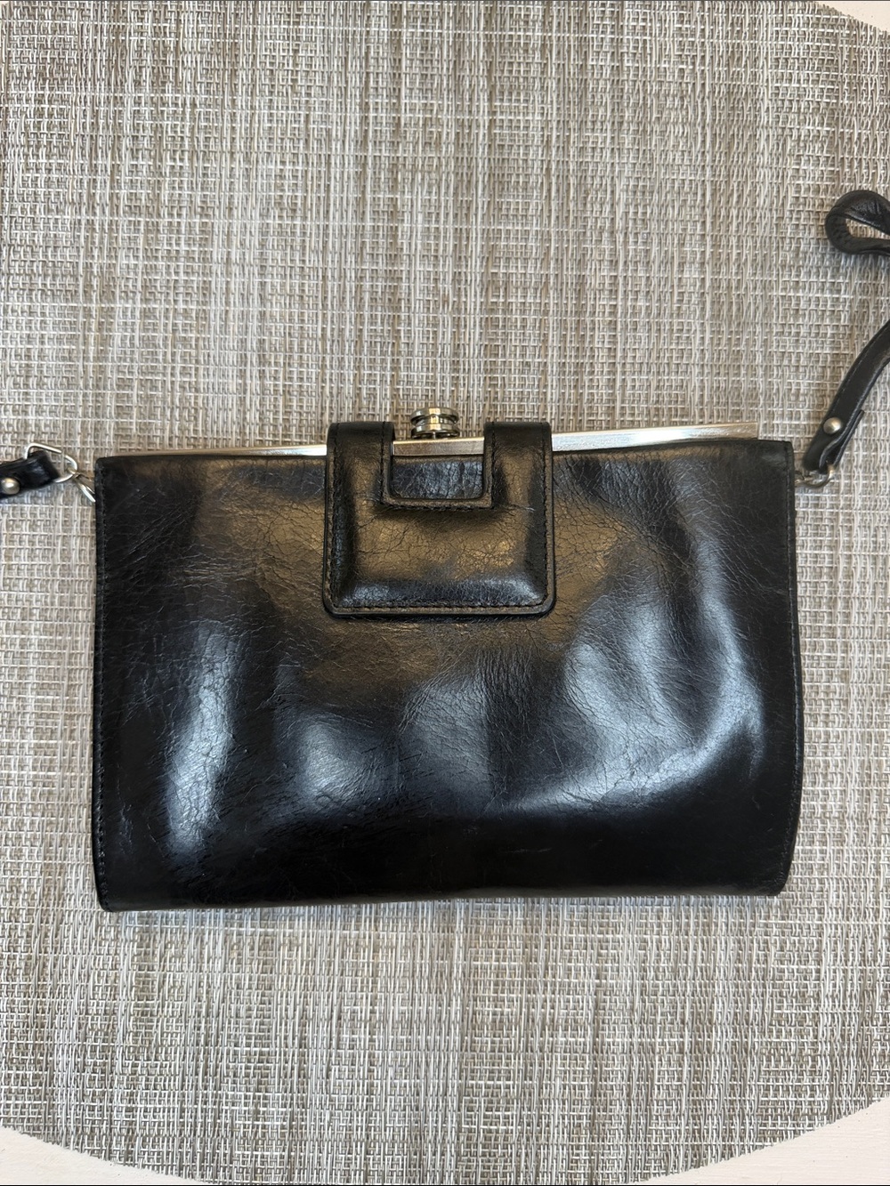 HOBO Black Leather Crossbody Clutch with Silver Trim